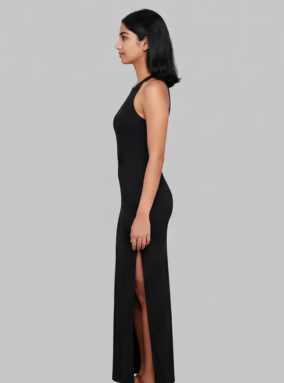 Women's Black Sleeveless Long Dress in Cotton Elastane Fabric