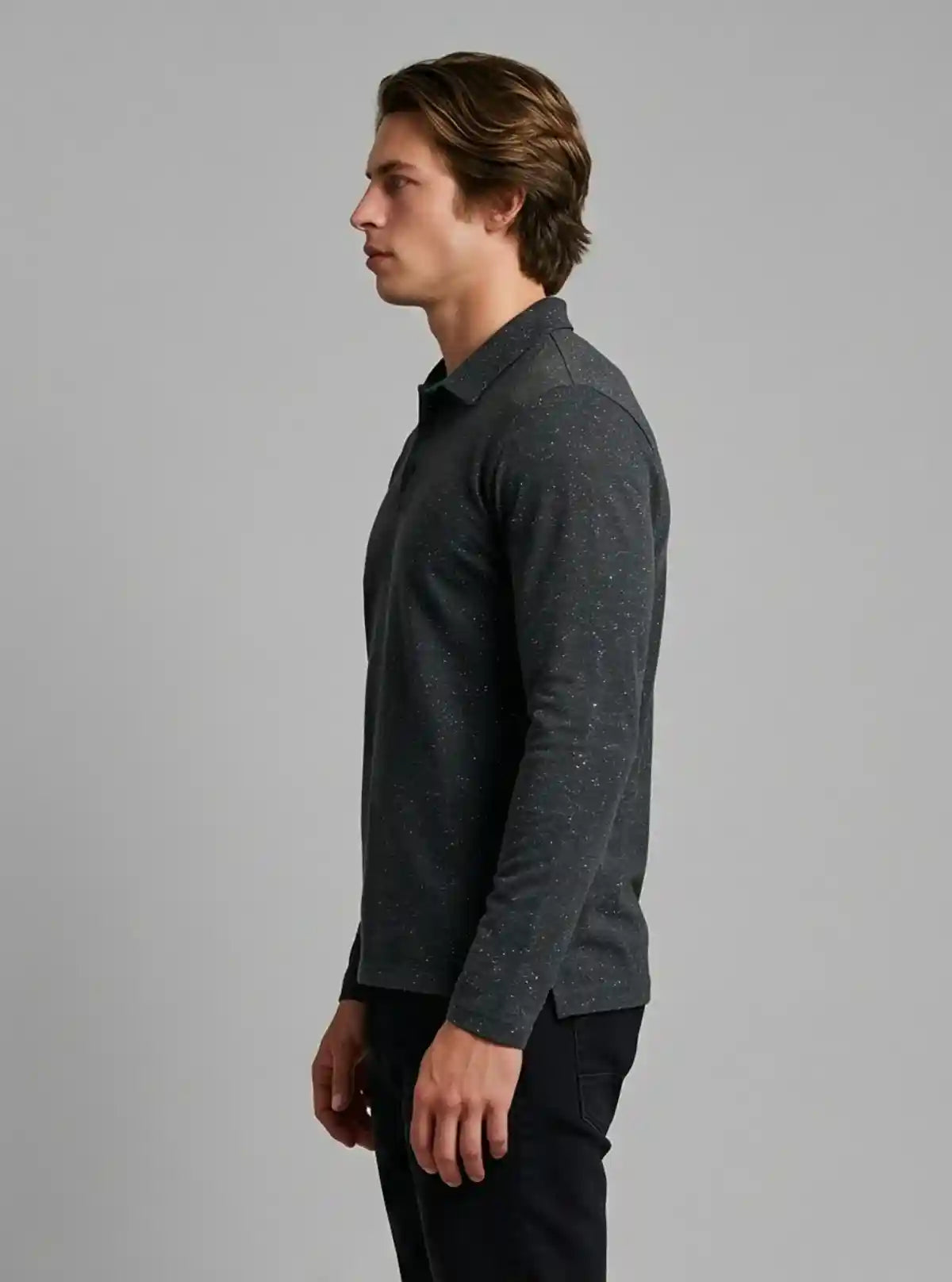 Men’s Black Textured Long Sleeve Polo T-Shirt – Premium Comfort & Style