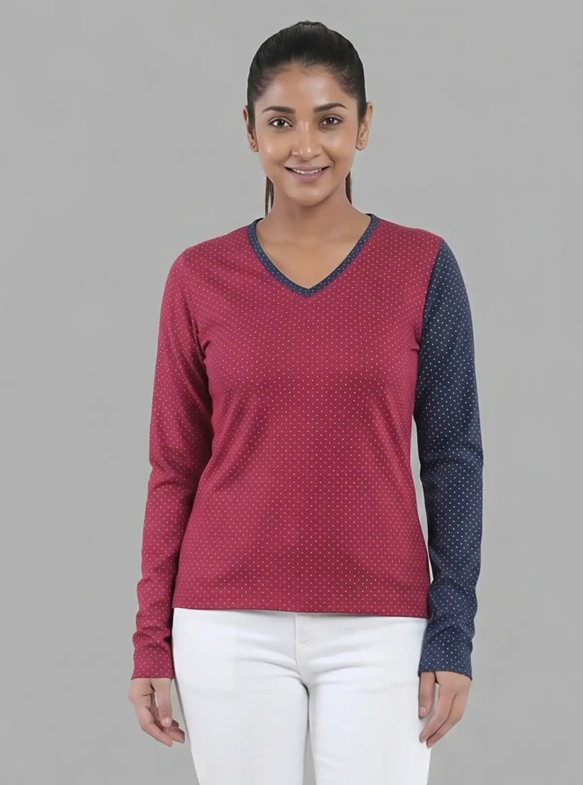 Women's Contrast Polka Print Long Sleeve Cotton Jersey Top