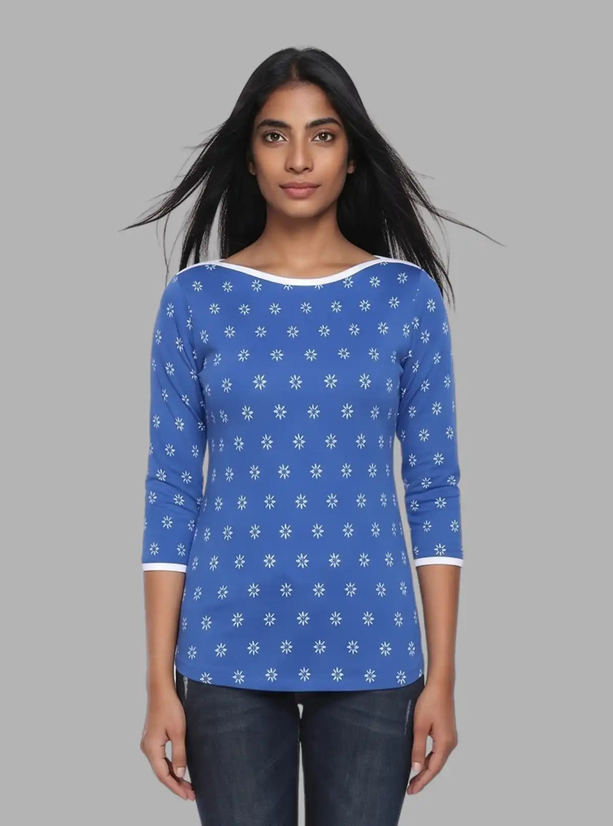 Women’s Blue with White Printed Cotton Fleece Sweat Top with Boat Neck
