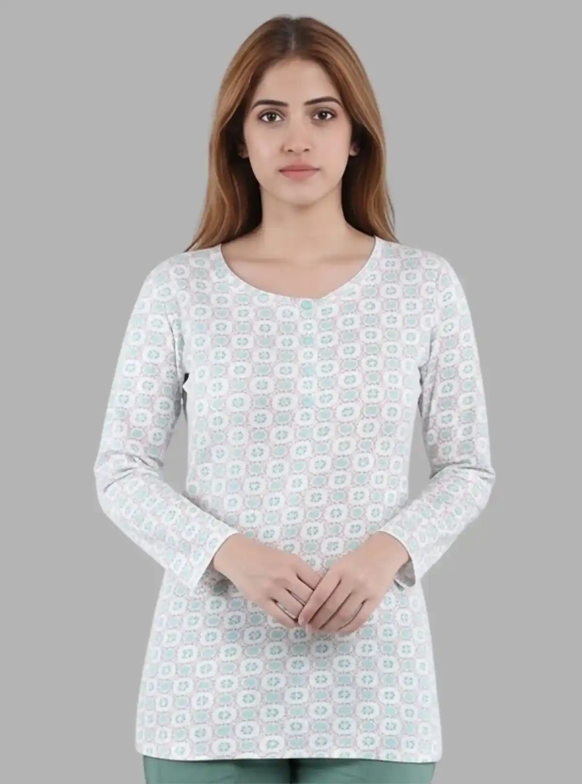 Women’s Graphic Floral Print Button Front Long Sleeve Top – Cotton Jersey Knit