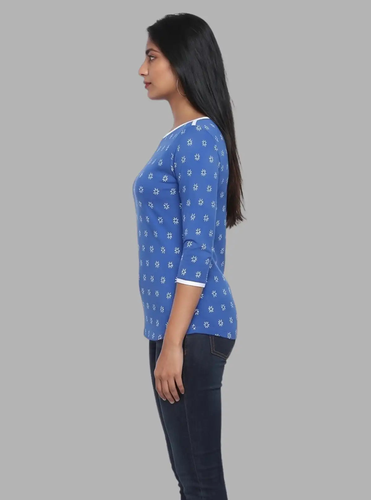 Women’s Blue with White Printed Cotton Fleece Sweat Top with Boat Neck