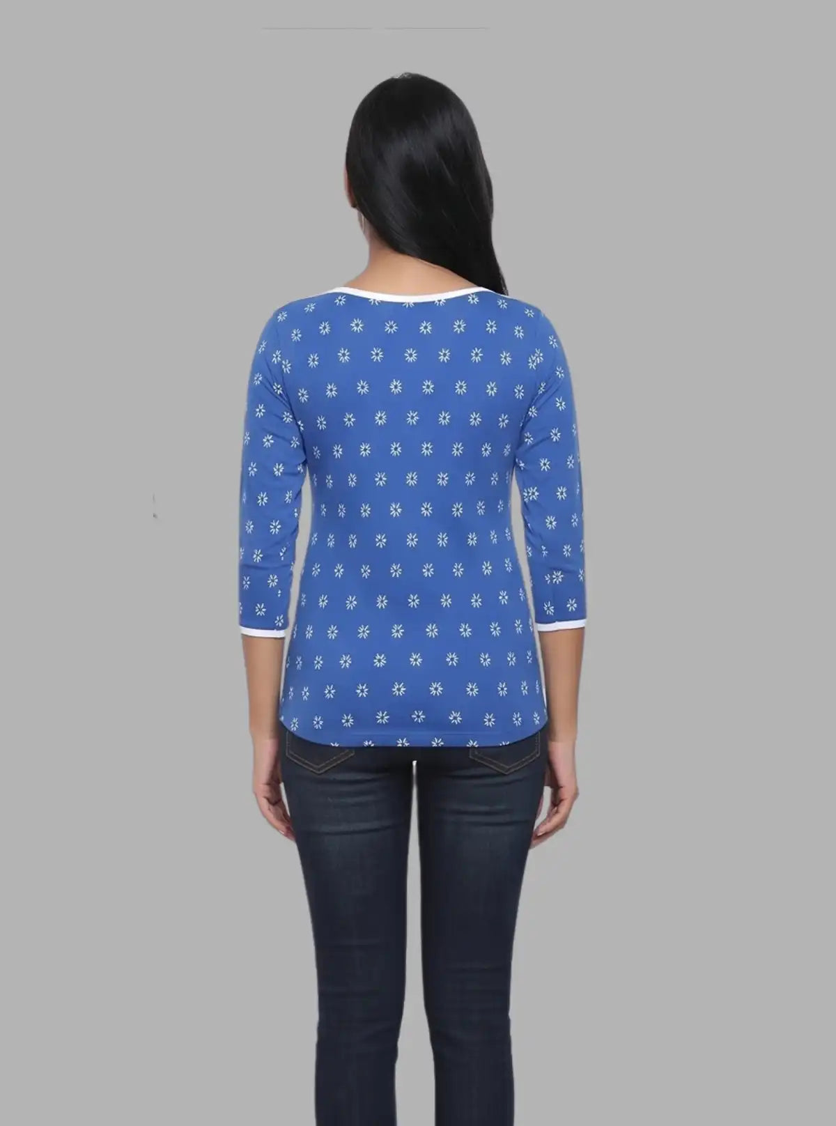 Women’s Blue with White Printed Cotton Fleece Sweat Top with Boat Neck