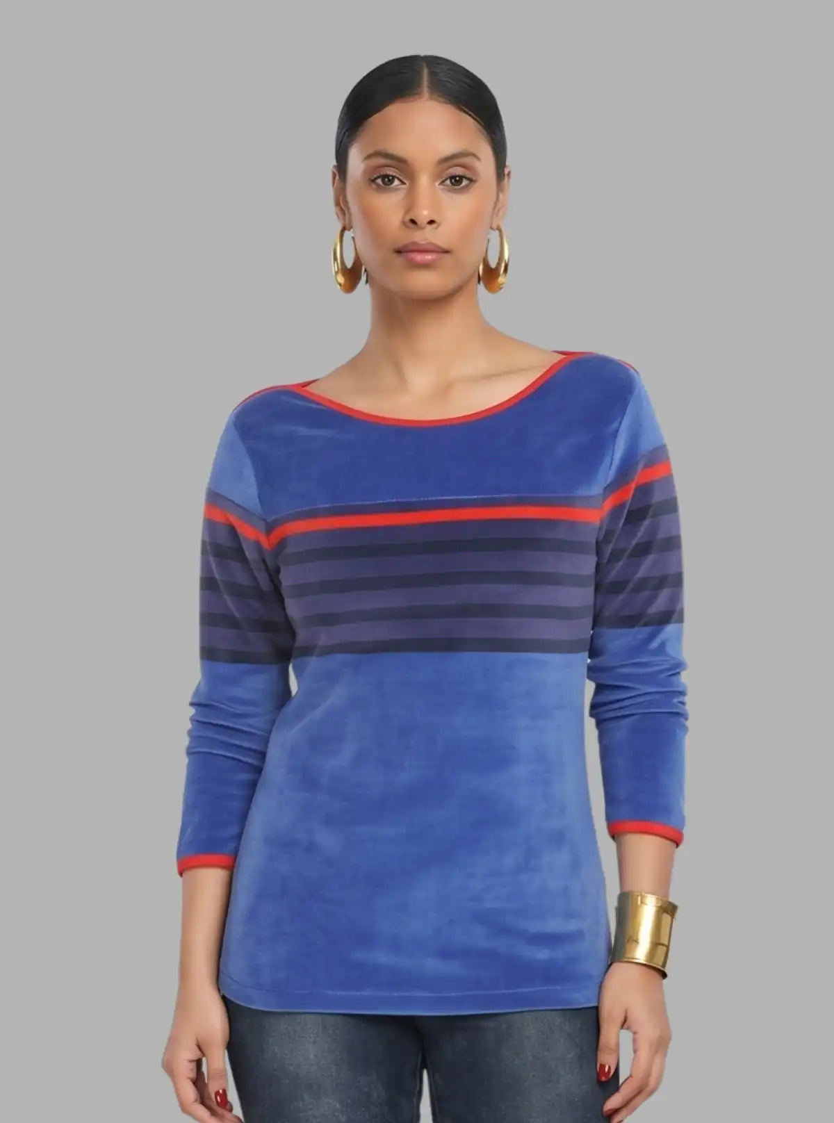 Women’s Ink Blue Engineered Stripe Sweat Top with Boat Neck – Cotton Blend