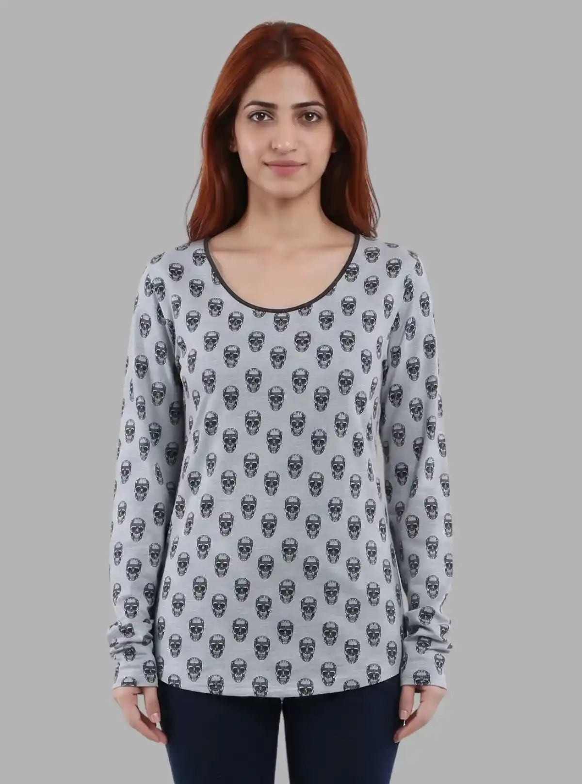 Women's Grey Melange Skull Print Long Sleeve Cotton Blend Knit Top