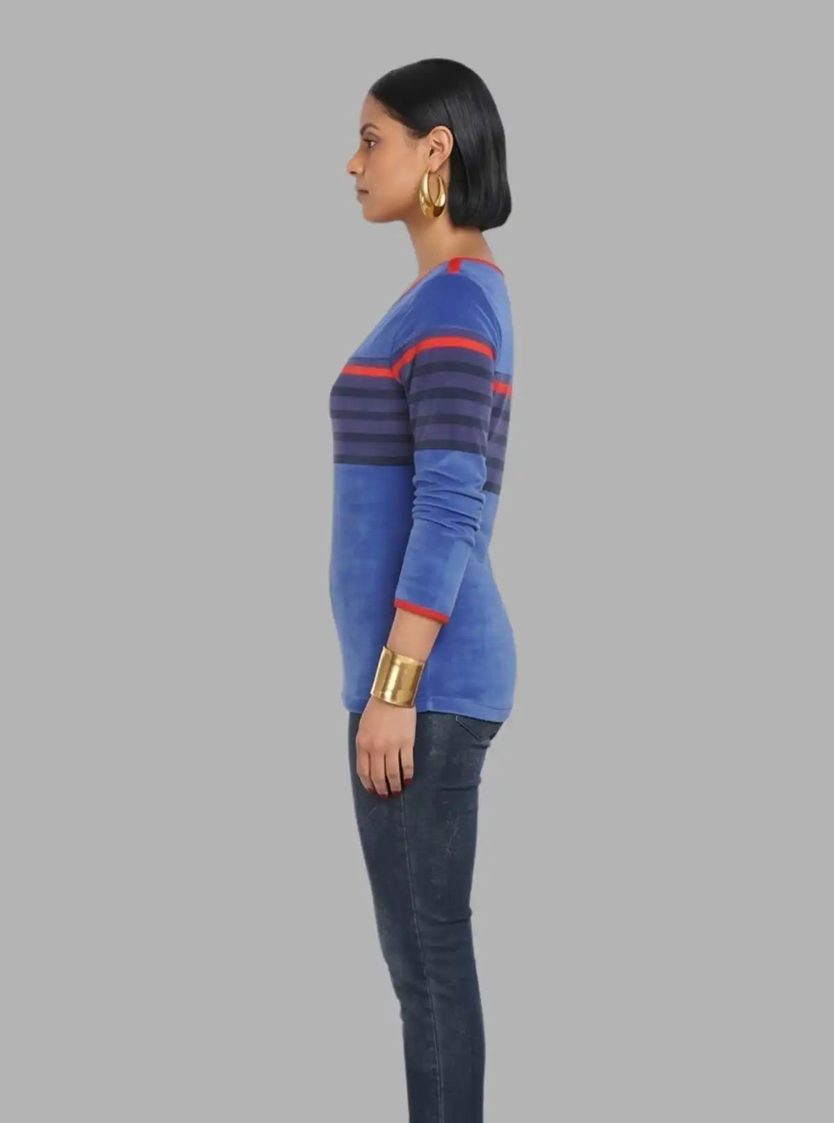 Women’s Ink Blue Engineered Stripe Sweat Top with Boat Neck – Cotton Blend
