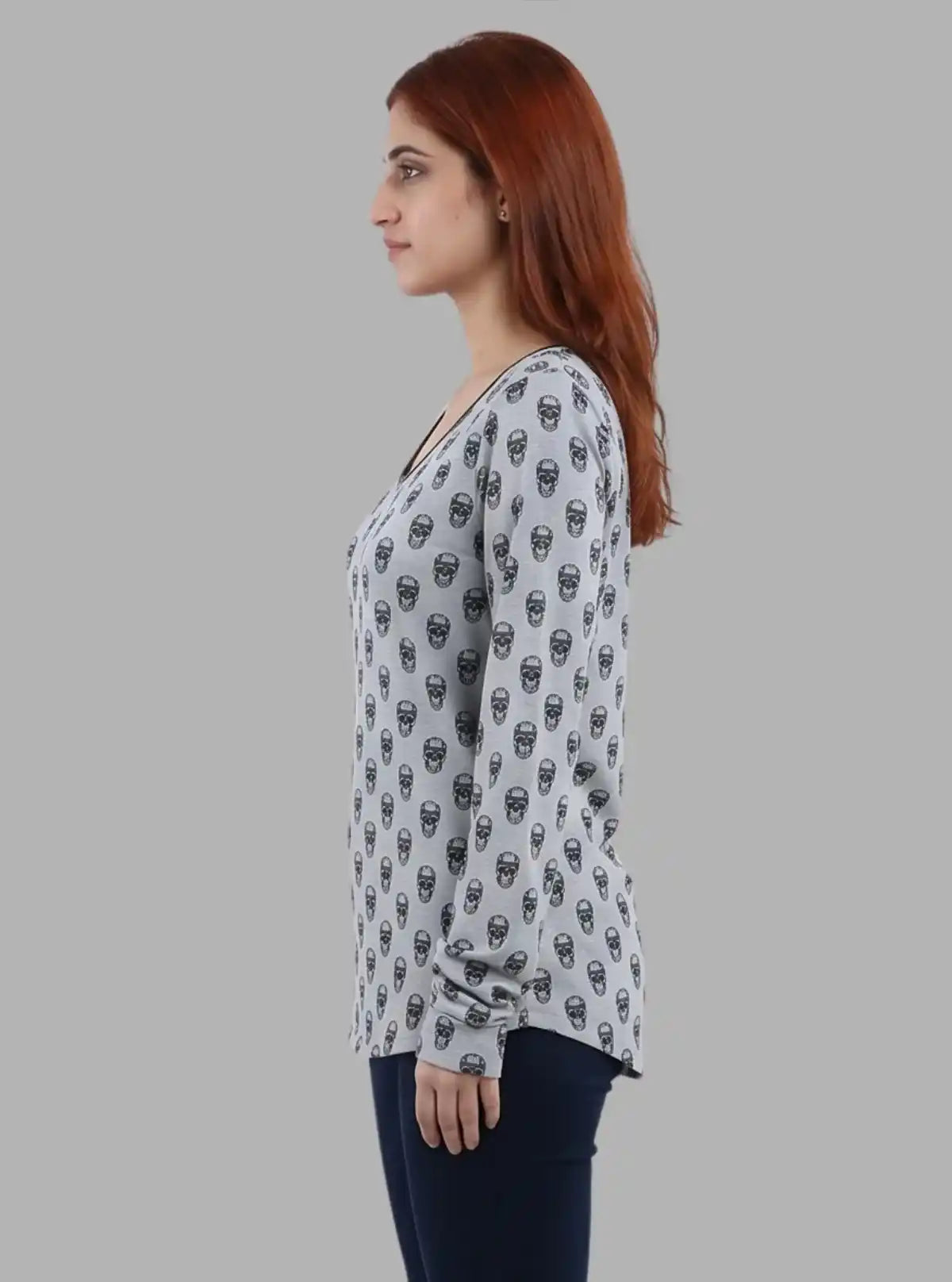 Women's Grey Melange Skull Print Long Sleeve Cotton Blend Knit Top