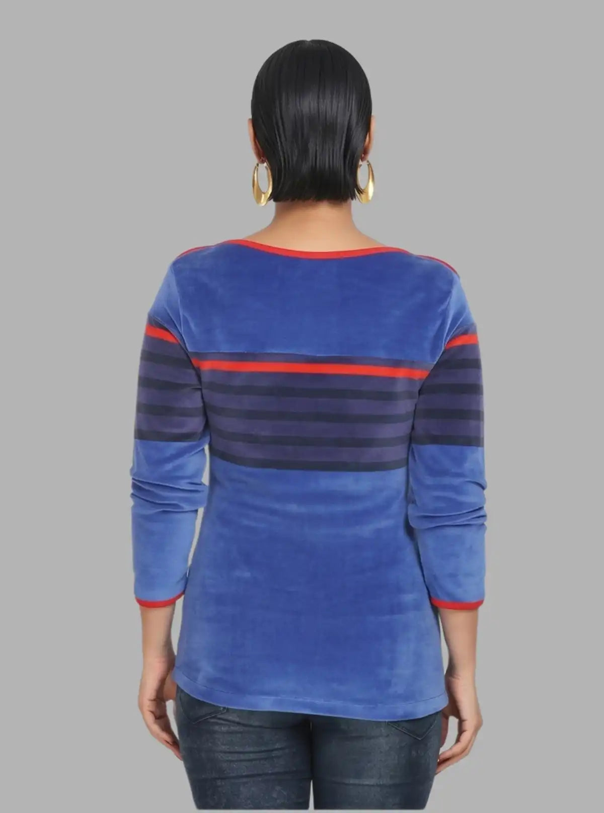 Women’s Ink Blue Engineered Stripe Sweat Top with Boat Neck – Cotton Blend