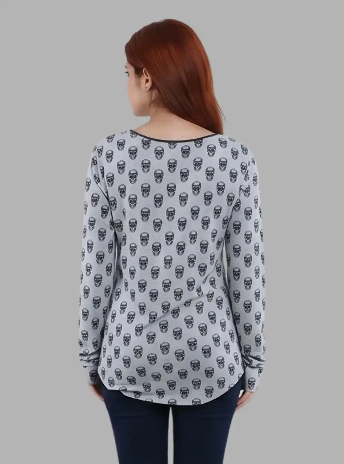 Women's Grey Melange Skull Print Long Sleeve Cotton Blend Knit Top