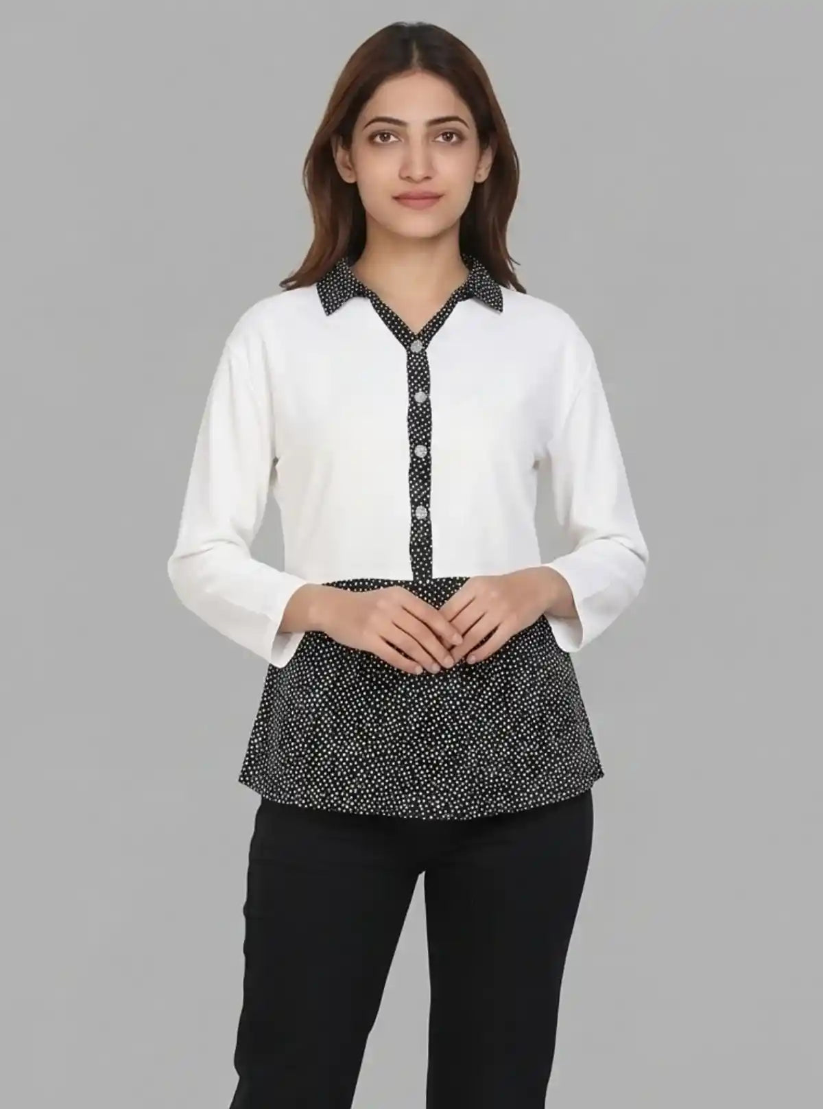 Women's Black Polka Dot Collared Neck Top with Long Sleeves – Cotton Jersey | Boer & Fitch