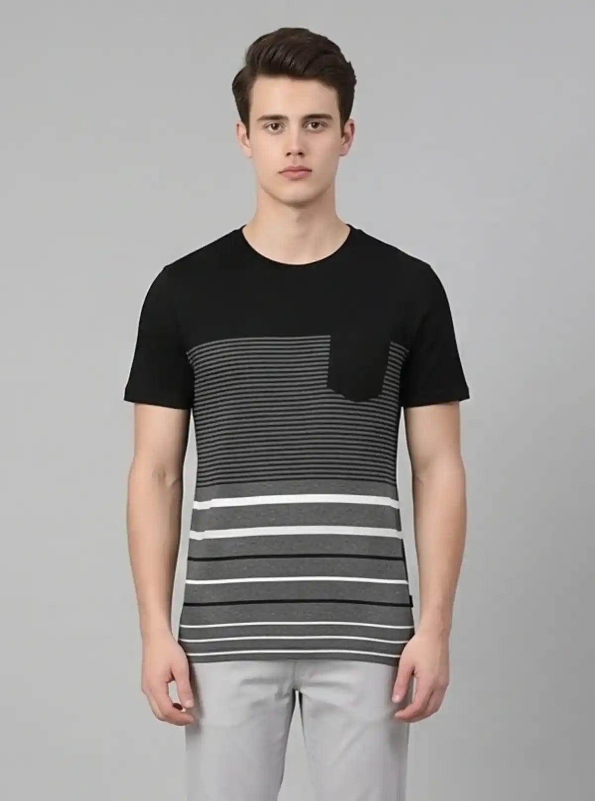 Men’s Textured Black Round Neck T-Shirt with Patch Pocket – Stylish Minimalism