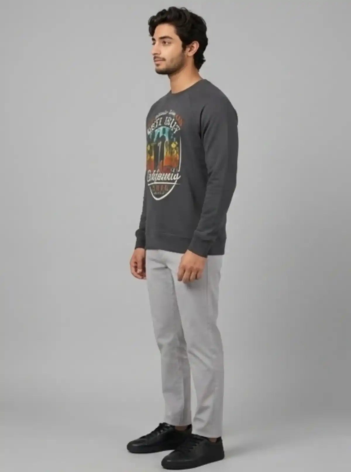 Men’s Dark Melange Printed Sweatshirt – Bold Print, Everyday Comfort