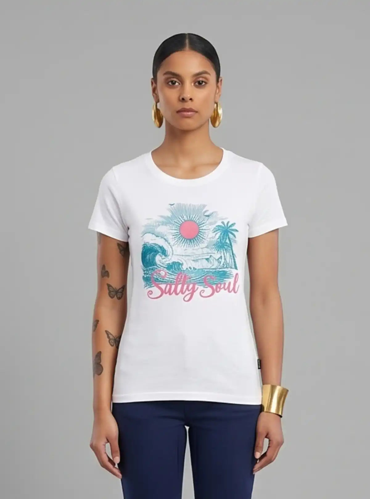 Women's White Solid Crew Neck Printed Cotton Slub Jersey Short Sleeve T-Shirt by Boer and Fitch