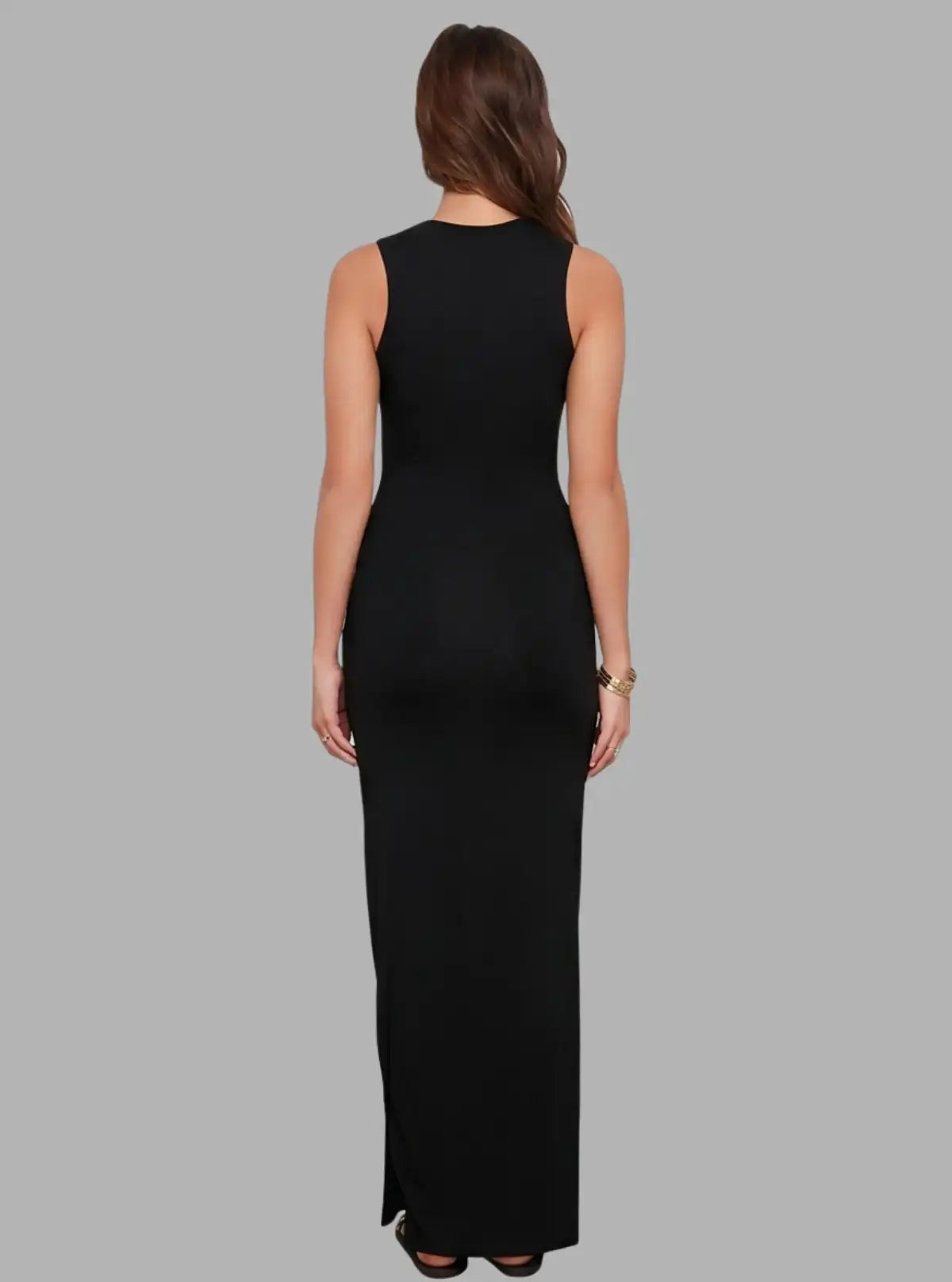 Women's Black Sleeveless Long Dress in Cotton Elastane Fabric