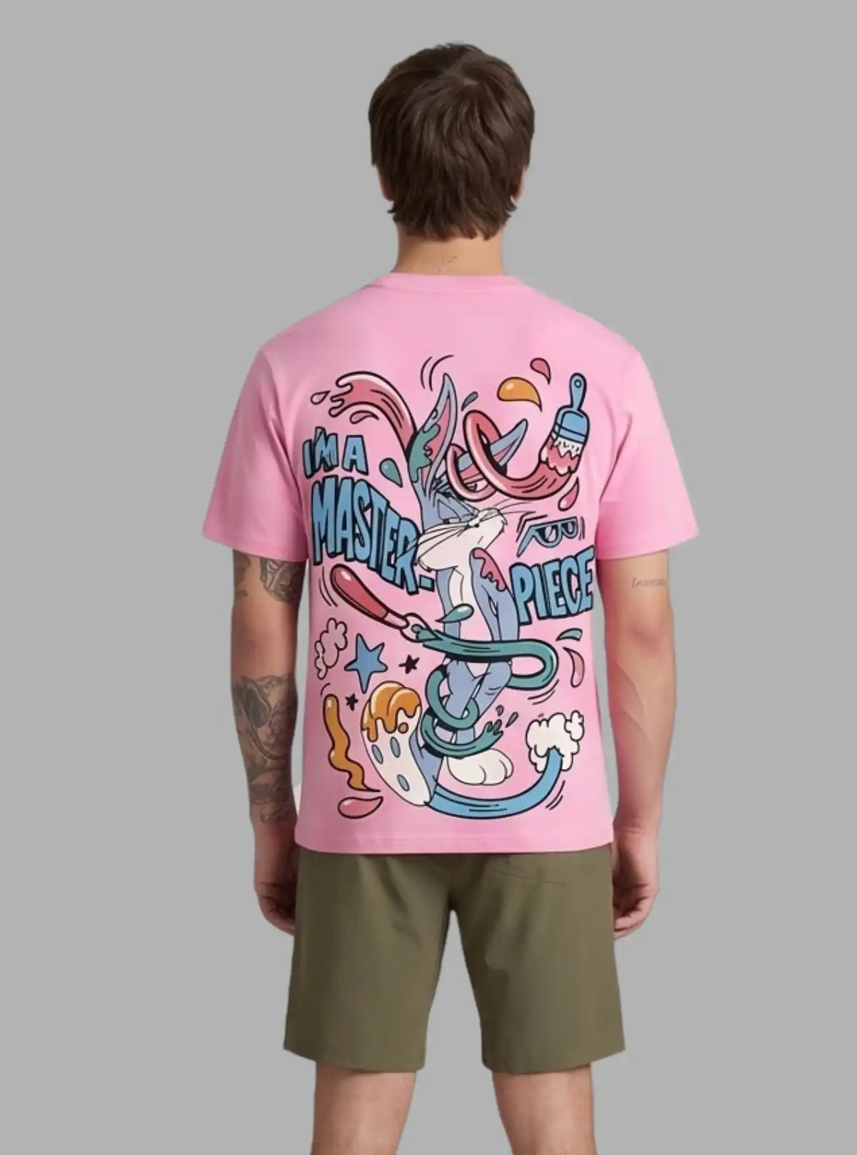 Boer and Fitch Artistic Bunny Printed Pink Crew Neck Cotton T-Shirt for Men