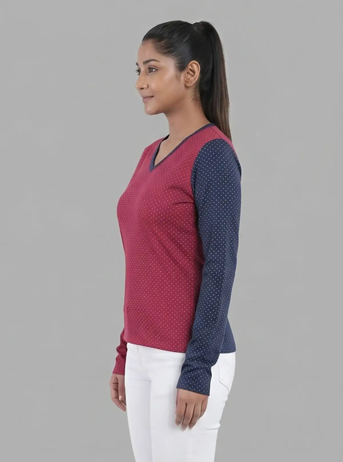 Women's Contrast Polka Print Long Sleeve Cotton Jersey Top