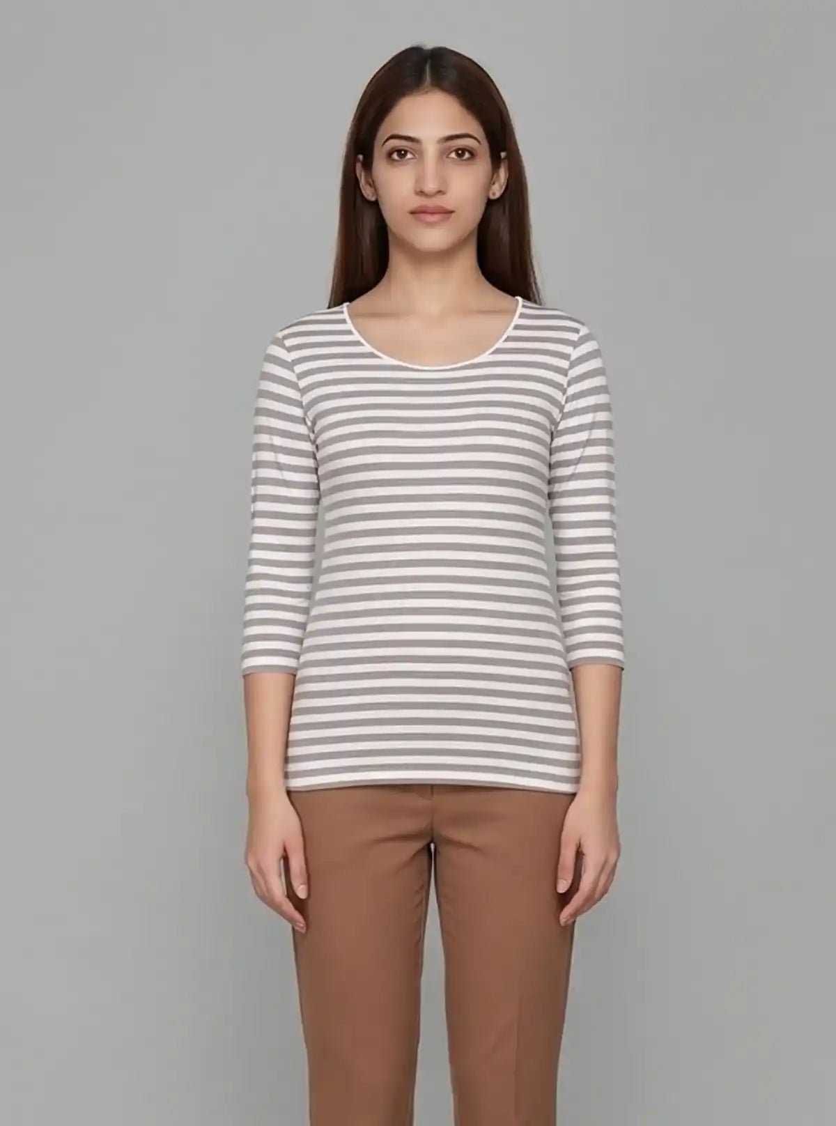 Women's Brown Scoop Neck Striped Long Sleeve Cotton Jersey Top