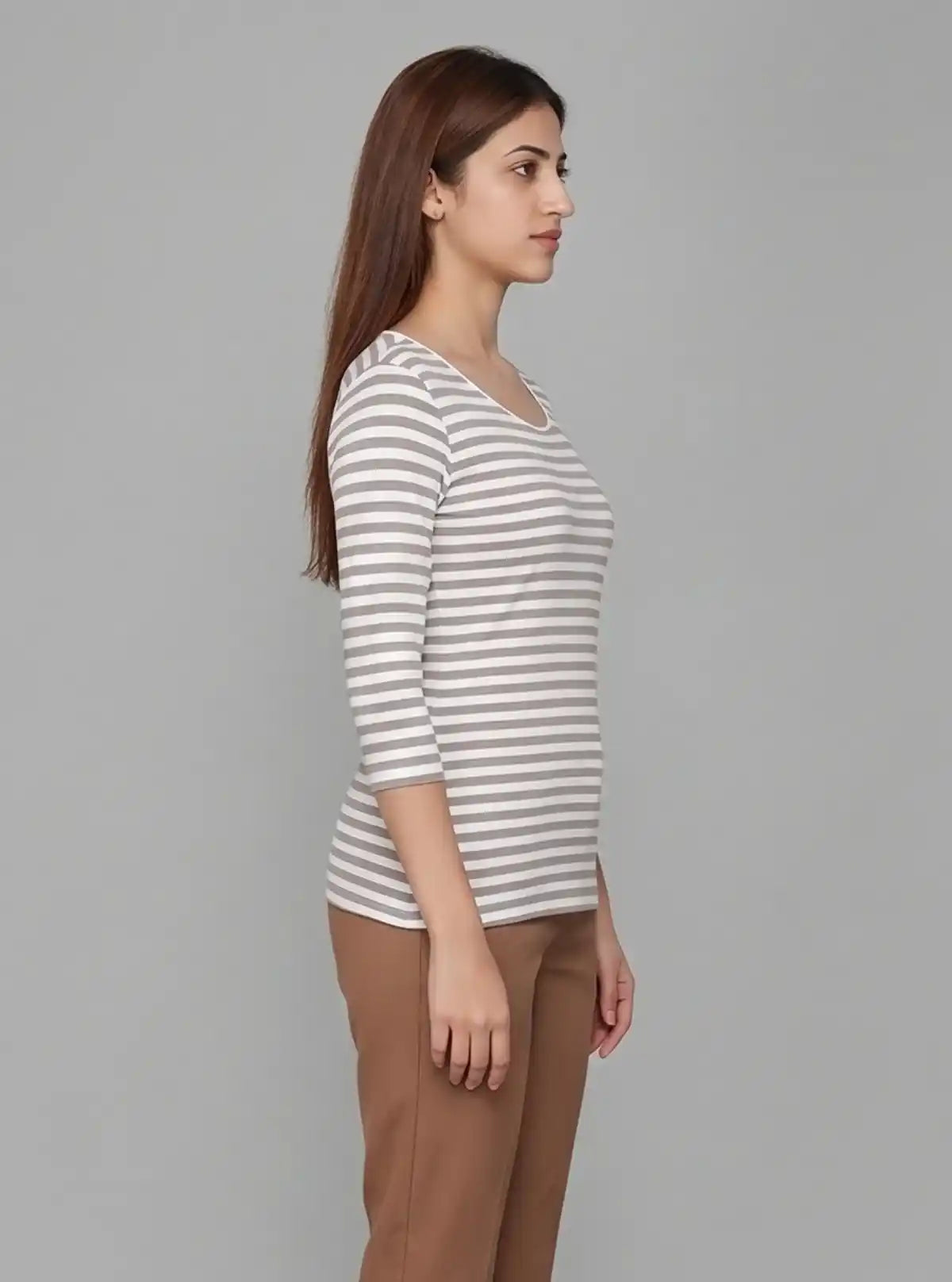 Women's Brown Scoop Neck Striped Long Sleeve Cotton Jersey Top