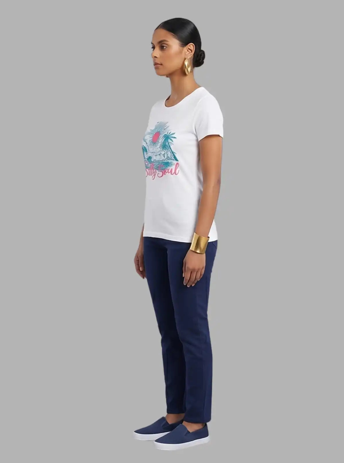 Women's White Solid Crew Neck Printed Cotton Slub Jersey Short Sleeve T-Shirt by Boer and Fitch