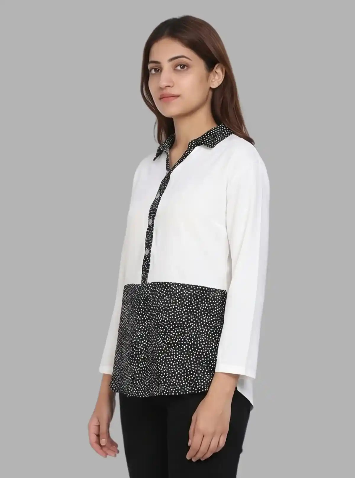 Women's Black Polka Dot Collared Neck Top with Long Sleeves – Cotton Jersey | Boer & Fitch
