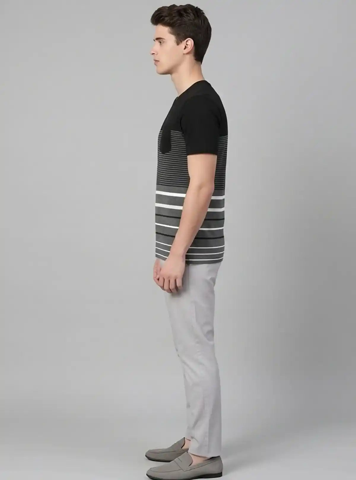Men’s Textured Black Round Neck T-Shirt with Patch Pocket – Stylish Minimalism