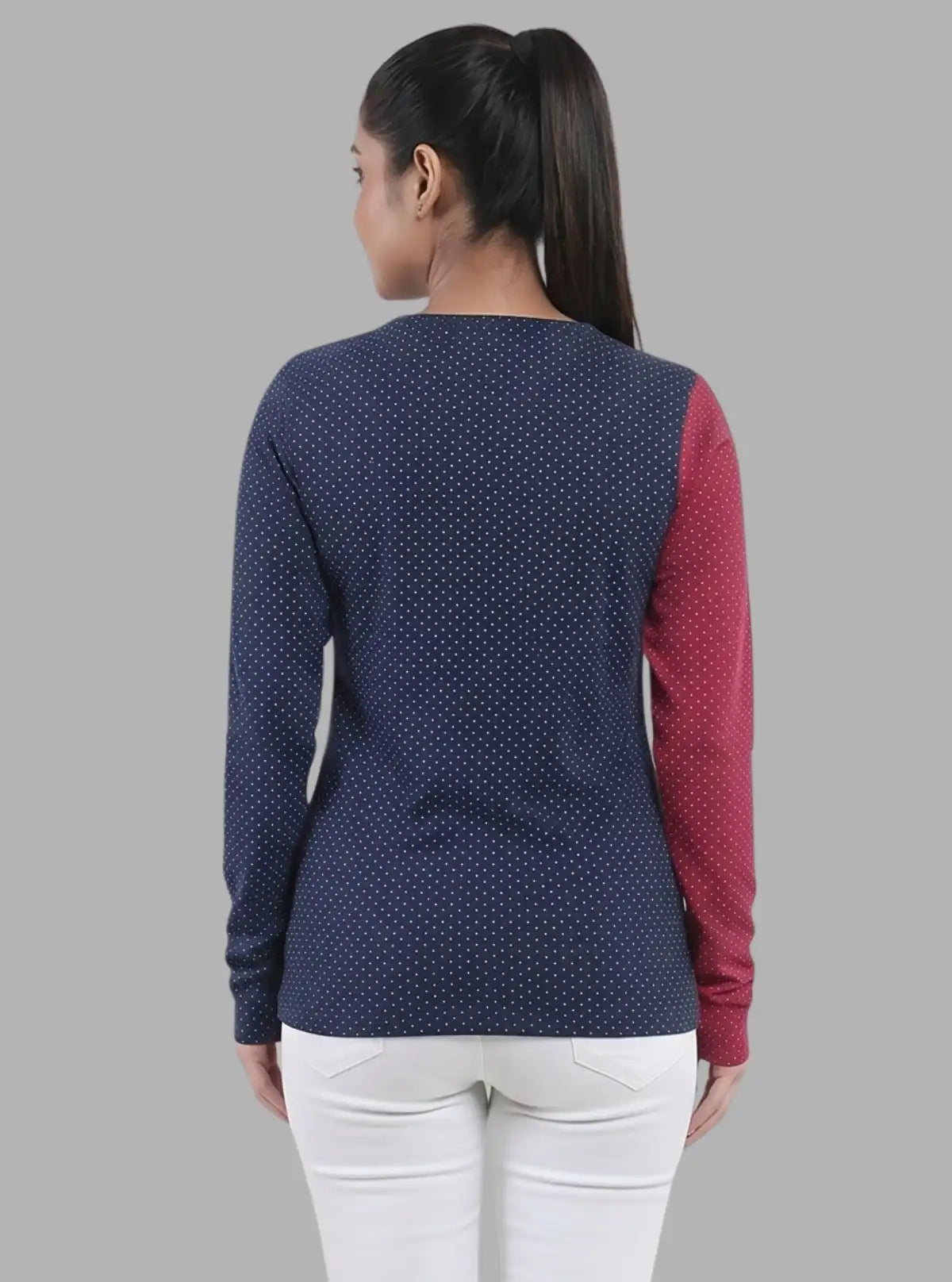 Women's Contrast Polka Print Long Sleeve Cotton Jersey Top