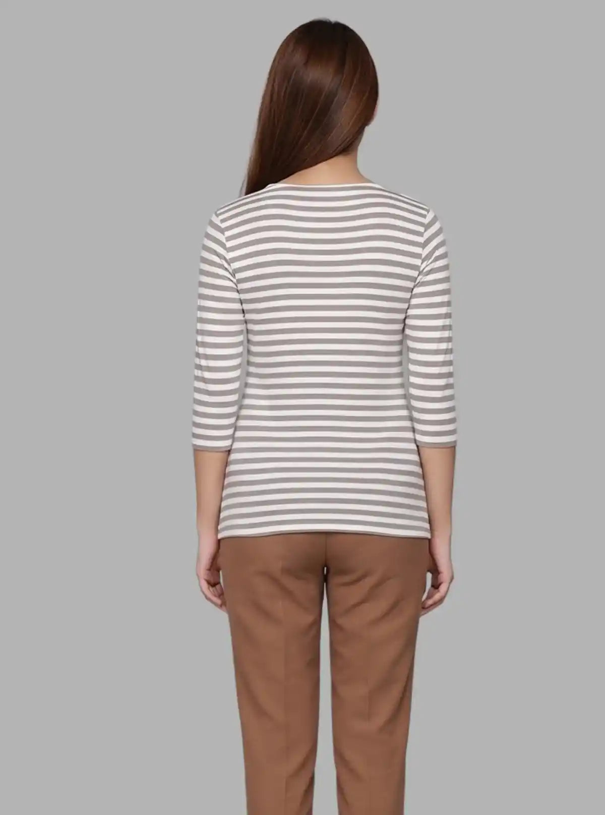 Women's Brown Scoop Neck Striped Long Sleeve Cotton Jersey Top