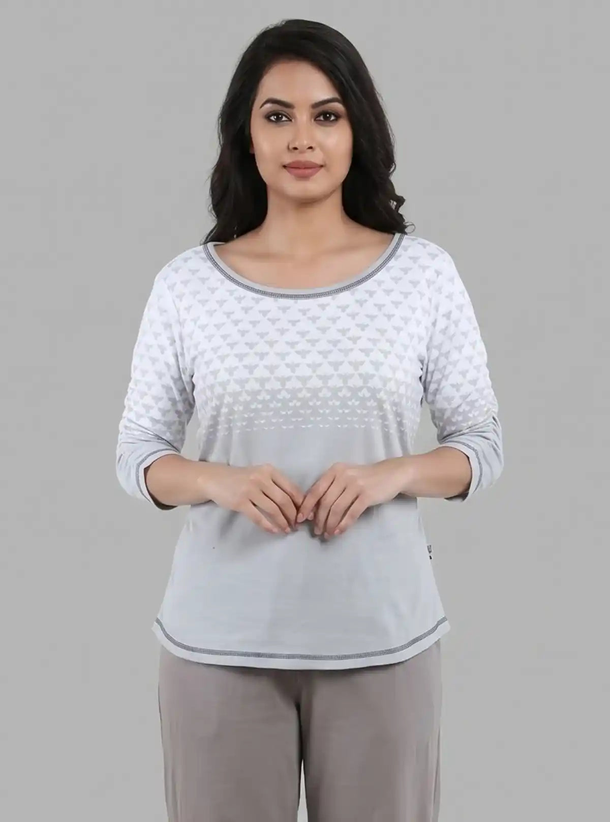 Women’s Green Scoop Neck Butterfly Print Top with Long Sleeves – Cotton Rib Knit