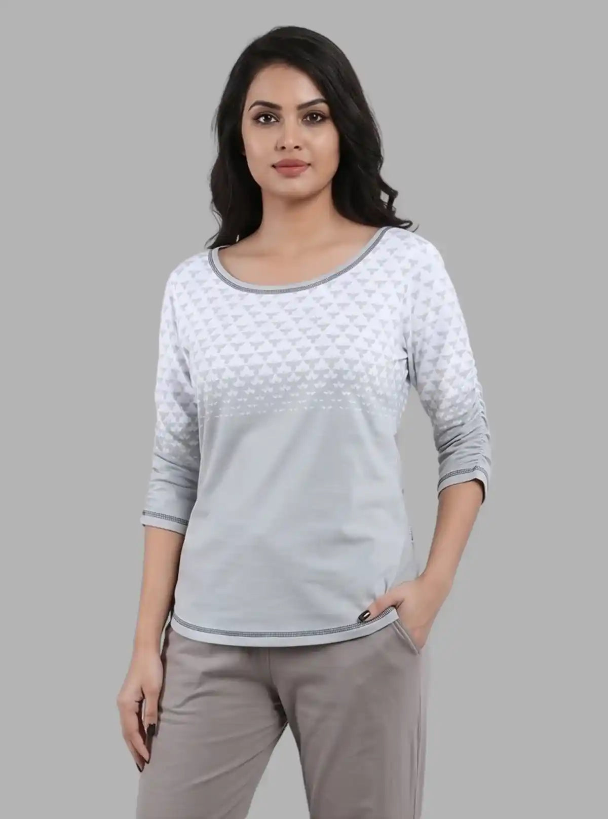 Women’s Green Scoop Neck Butterfly Print Top with Long Sleeves – Cotton Rib Knit