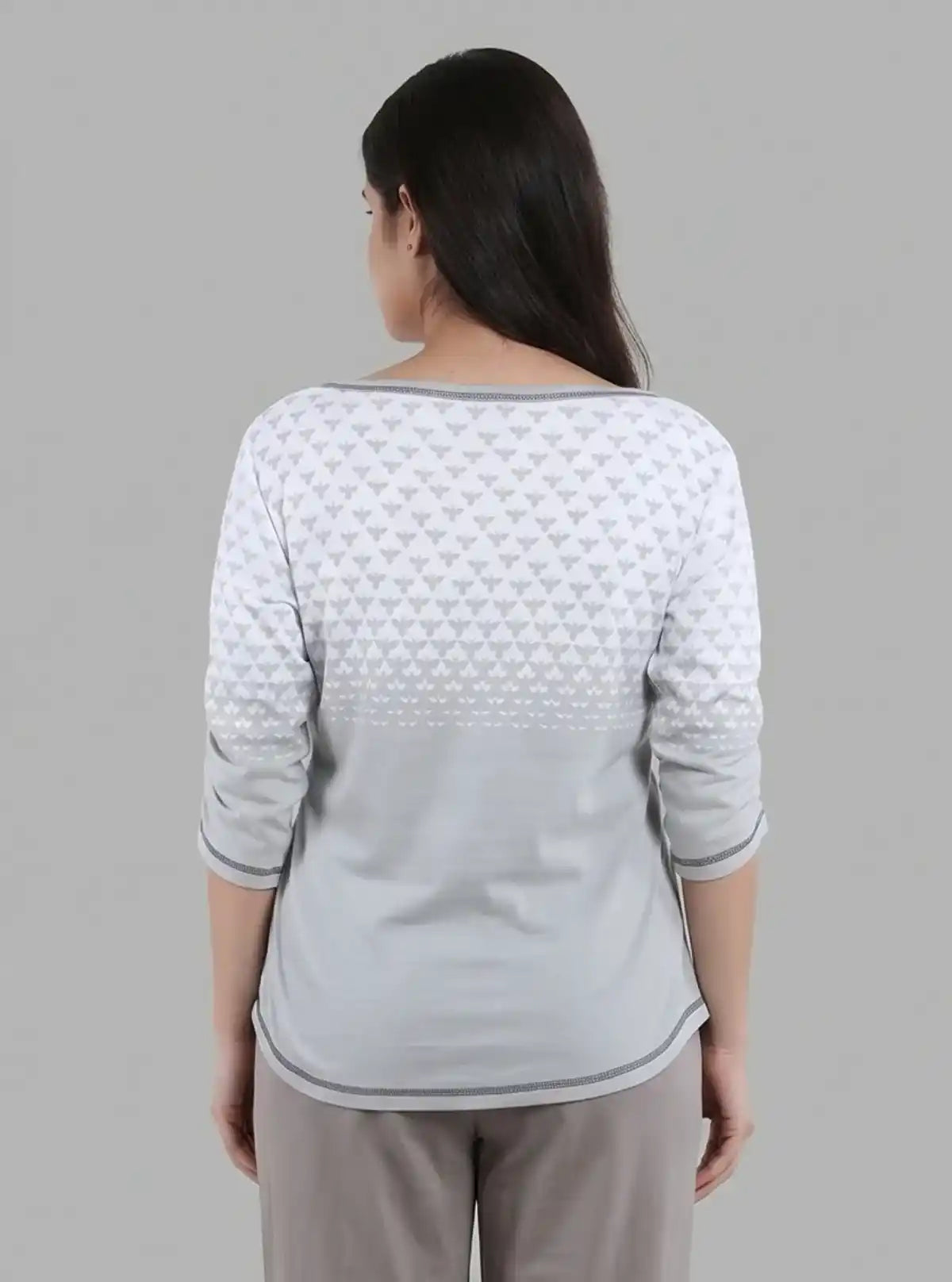 Women’s Green Scoop Neck Butterfly Print Top with Long Sleeves – Cotton Rib Knit