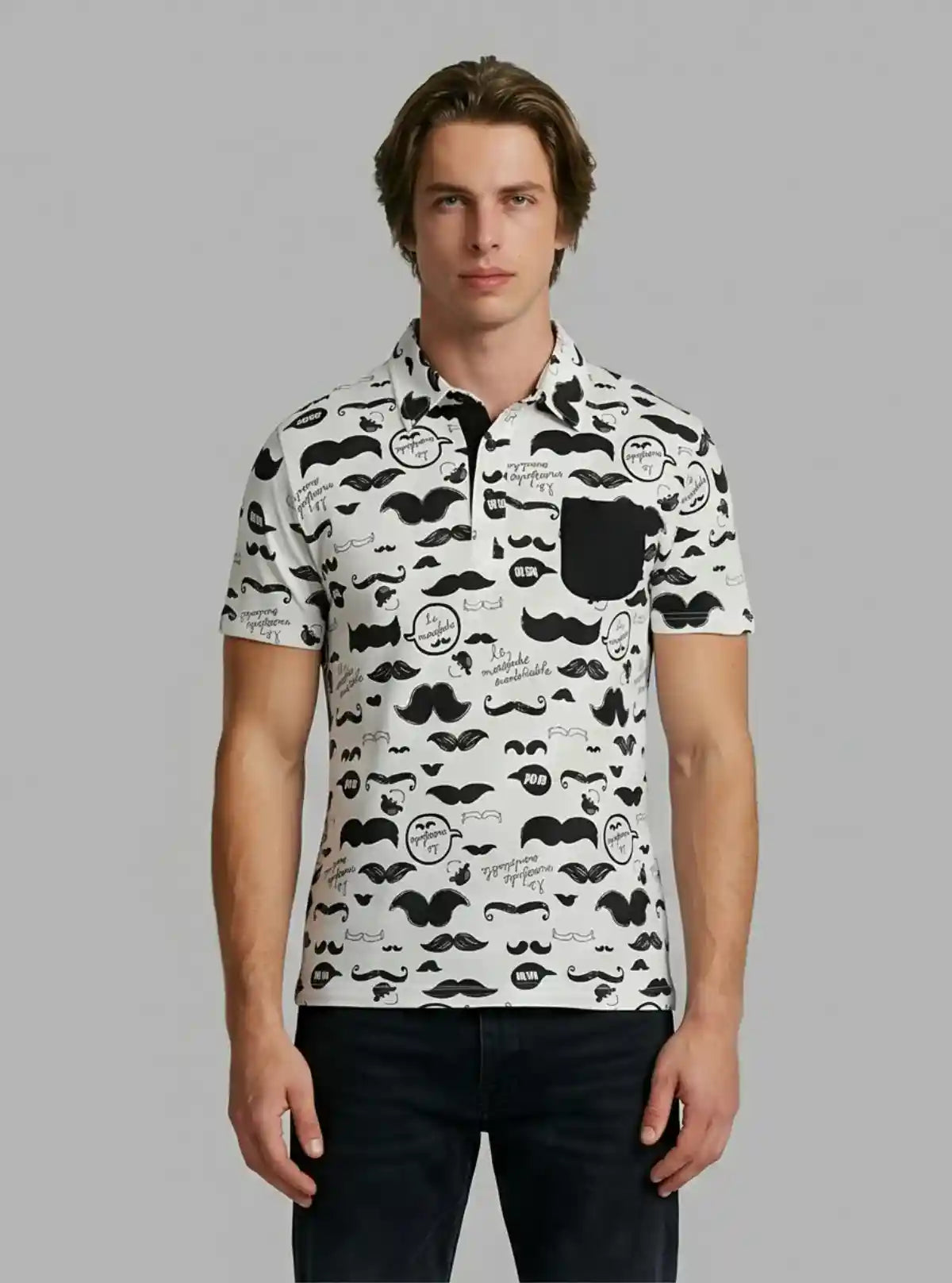 Men’s Mustache Print Polo T-Shirt – Fun, Trendy & Breathable Casualwear