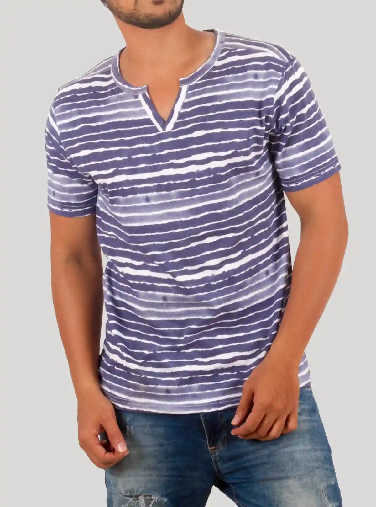 Blue Symmetrical Stripe Split Neck T-Shirt for Men – Boer and Fitch | Buy Online at  Boer and Fitch