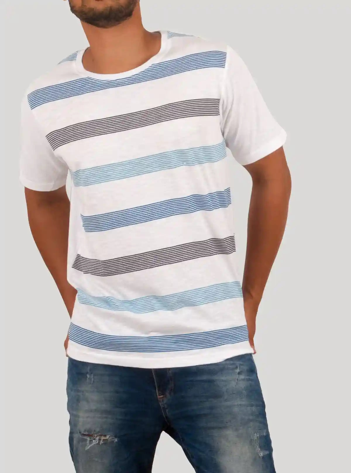 Blue & Grey Striped Round Neck T-Shirt for Men – Casual Cotton Tee by Boer and Fitch | Buy Online at  Boer and Fitch