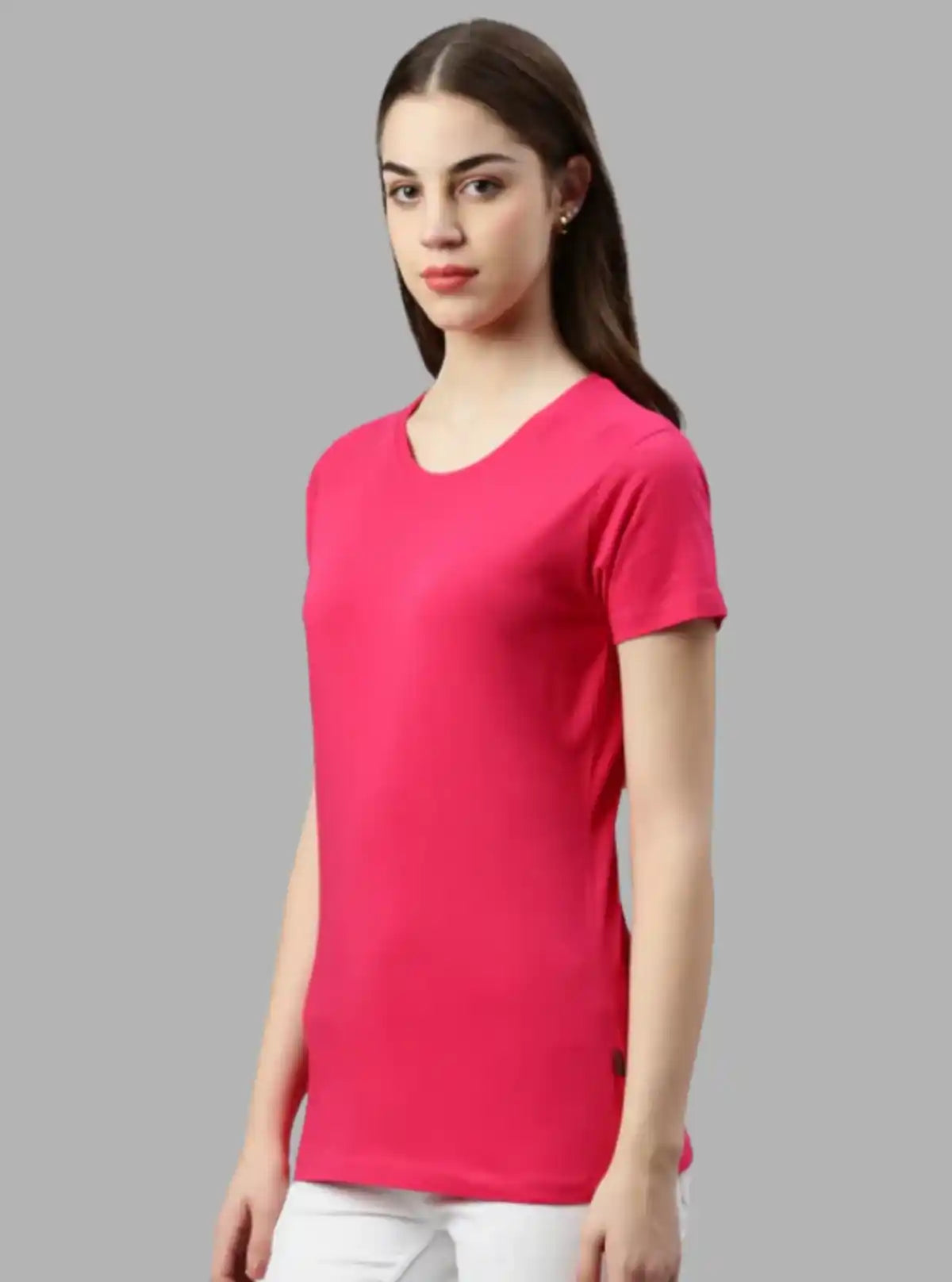 Women's Coral Solid Crew Neck Cotton Slub Jersey Short Sleeve T-Shirt by Boer and Fitch