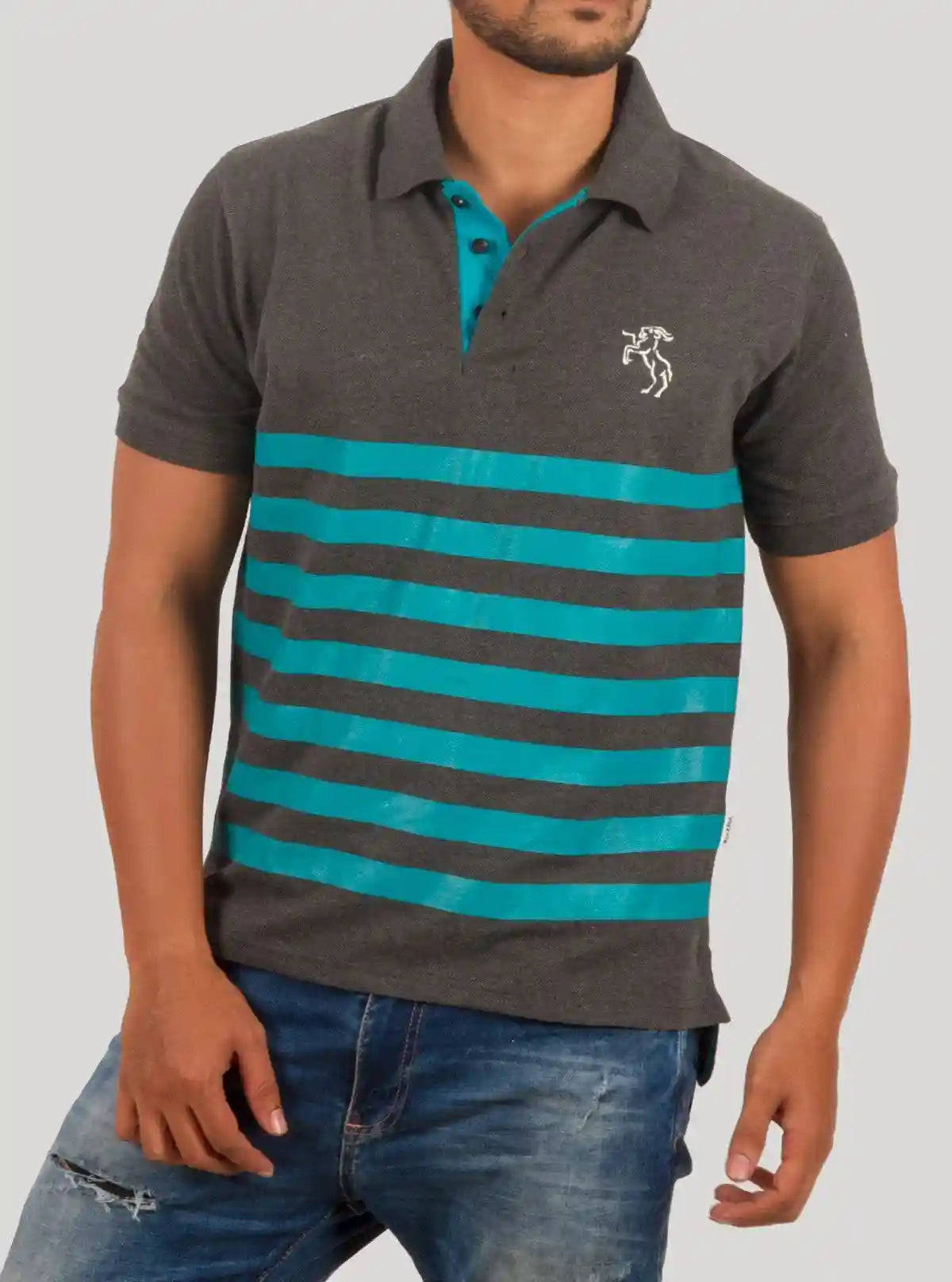 Dark Melange Turquoise Striped Polo T-Shirt for Men – Boer and Fitch | Buy Online at  Boer and Fitch