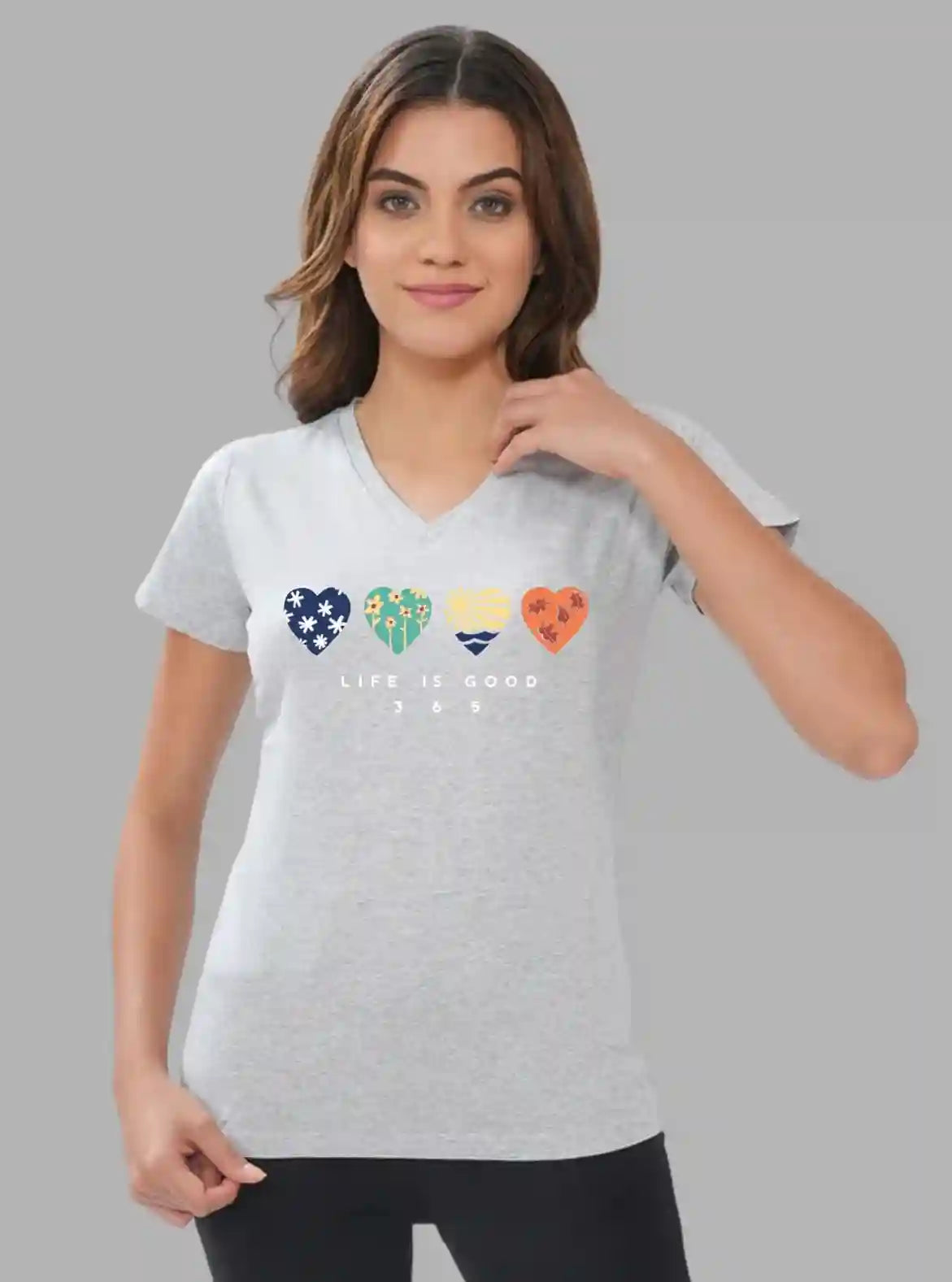 Women’s White Melange V-Neck Multi-Heart Printed Short Sleeve Cotton Jersey T-Shirt by Boer and Fitch