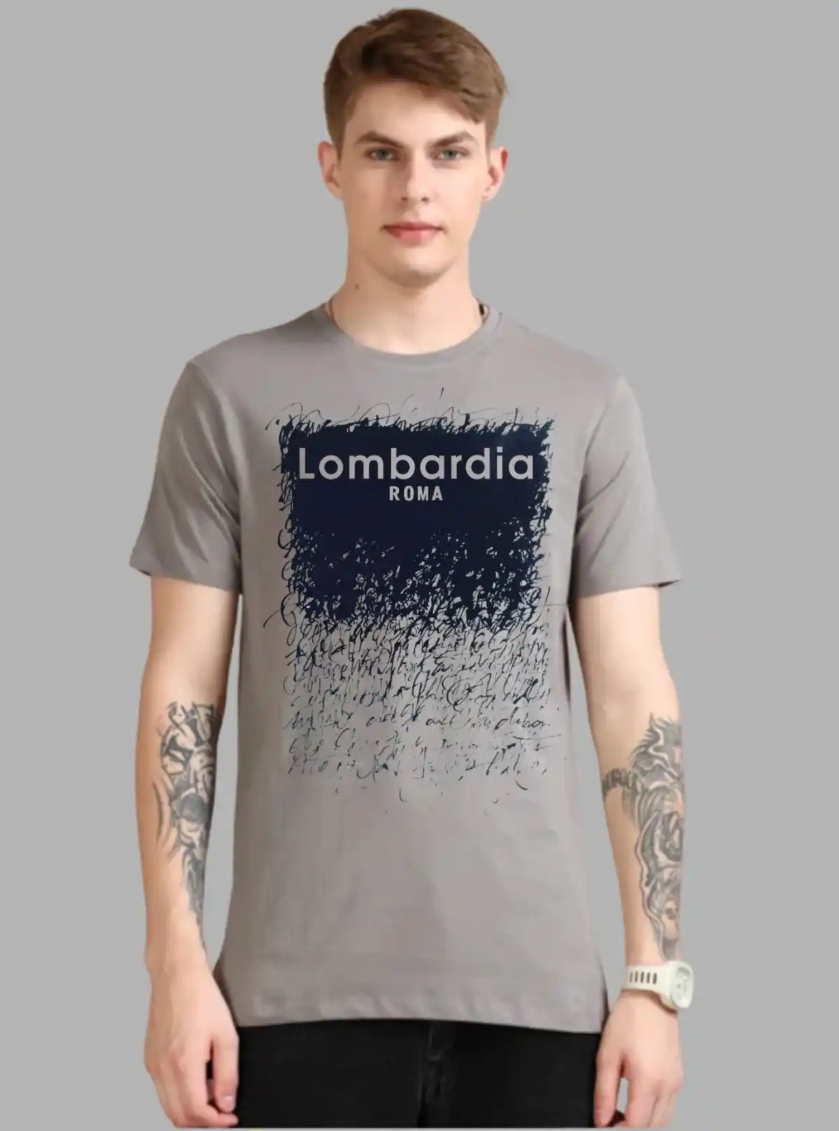 Men’s Grey Printed T-Shirt – Soft Cotton Crew Neck Graphic Tee