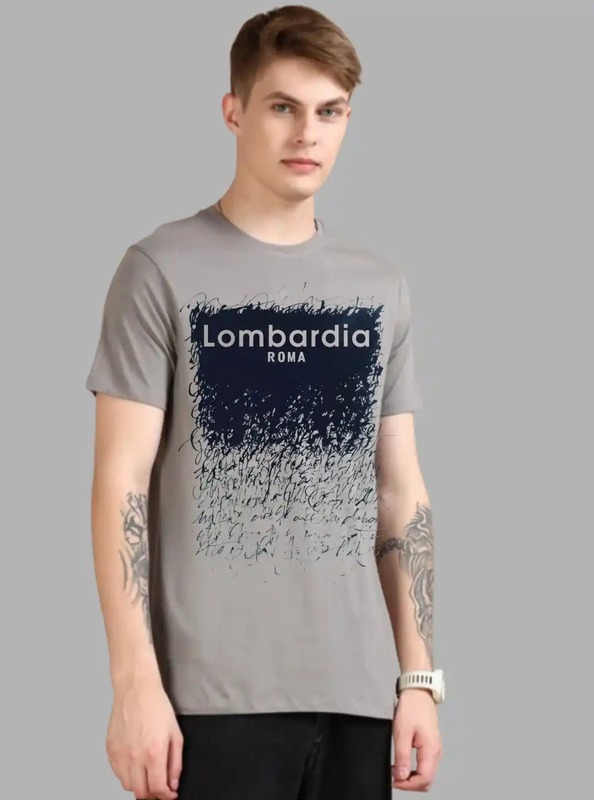 Men’s Grey Printed T-Shirt – Soft Cotton Crew Neck Graphic Tee