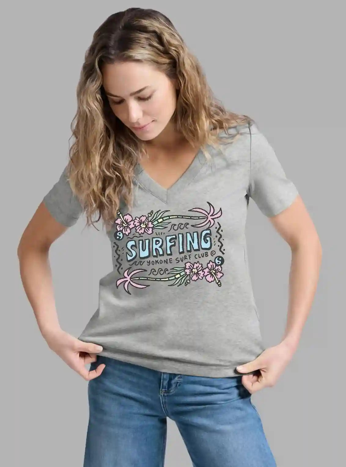 Women's Grey Melange Surfer Print Cotton Jersey Short Sleeve T-Shirt by Boer and Fitch