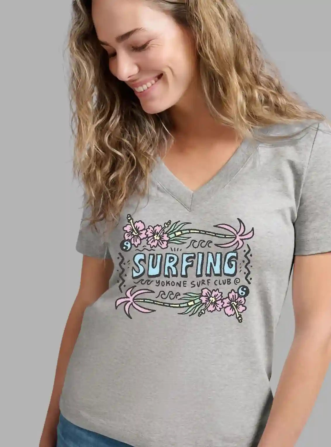 Women's Grey Melange Surfer Print Cotton Jersey Short Sleeve T-Shirt by Boer and Fitch