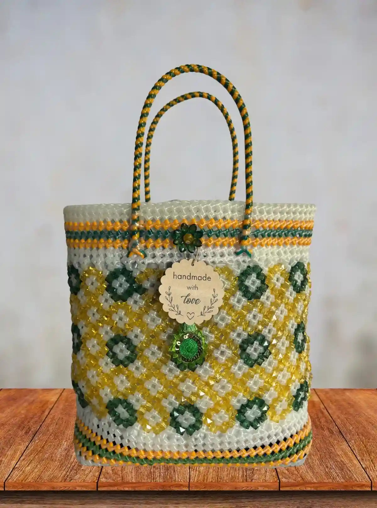 Handmade Green & Yellow Beaded Tote Bag with Dual Handles and Floral Design from Boer and Fitch | Buy Online at gep32c-qs.myshopify.com