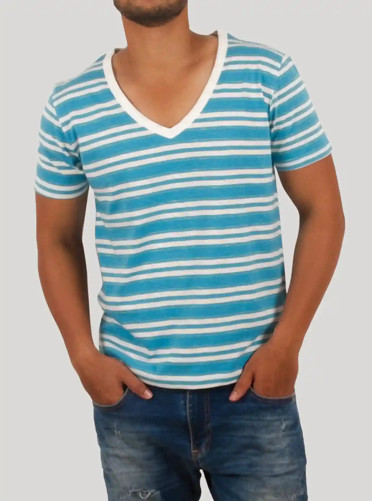 Light Blue Striped V-Neck T-Shirt for Men – Boer and Fitch | Buy Online at  Boer and Fitch