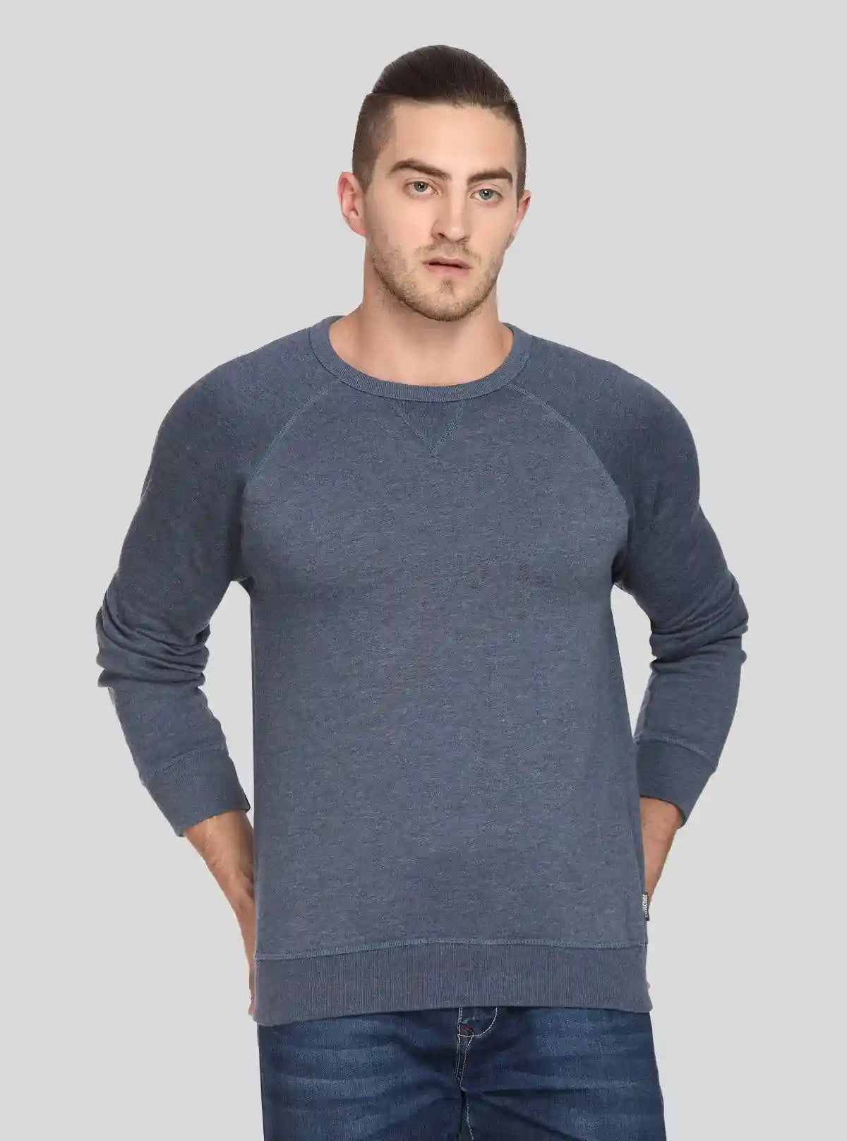 Men’s Blue Melange V-Cut Fleece Sweatshirt – Smart, Soft & Versatile | Buy Online at  Boer and Fitch