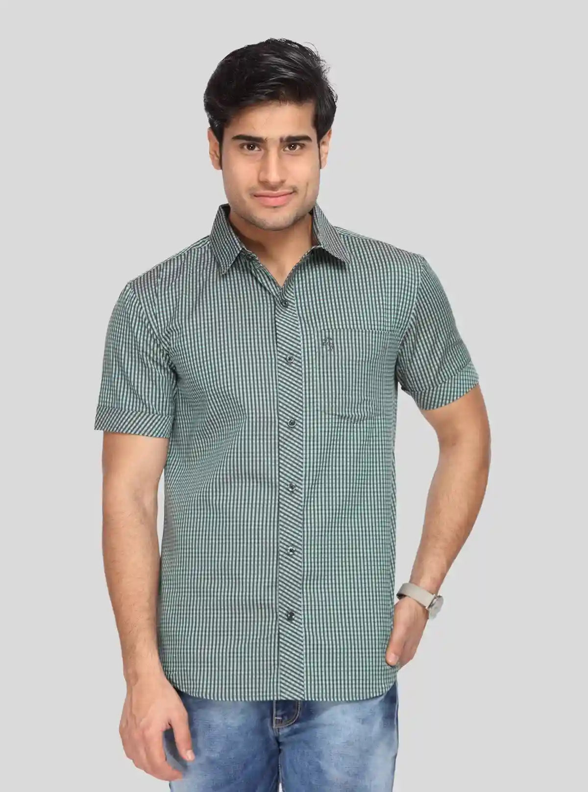 Men's Olive Green Fine Checked Half Sleeve Shirt – Smart, Cool & Versatile | Buy Online at  Boer and Fitch