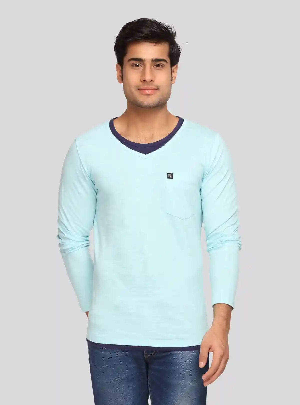 Men's Sea Blue V-Neck Slub Jersey Full Sleeve T-Shirt – Relaxed Style & Texture | Buy Online at  Boer and Fitch