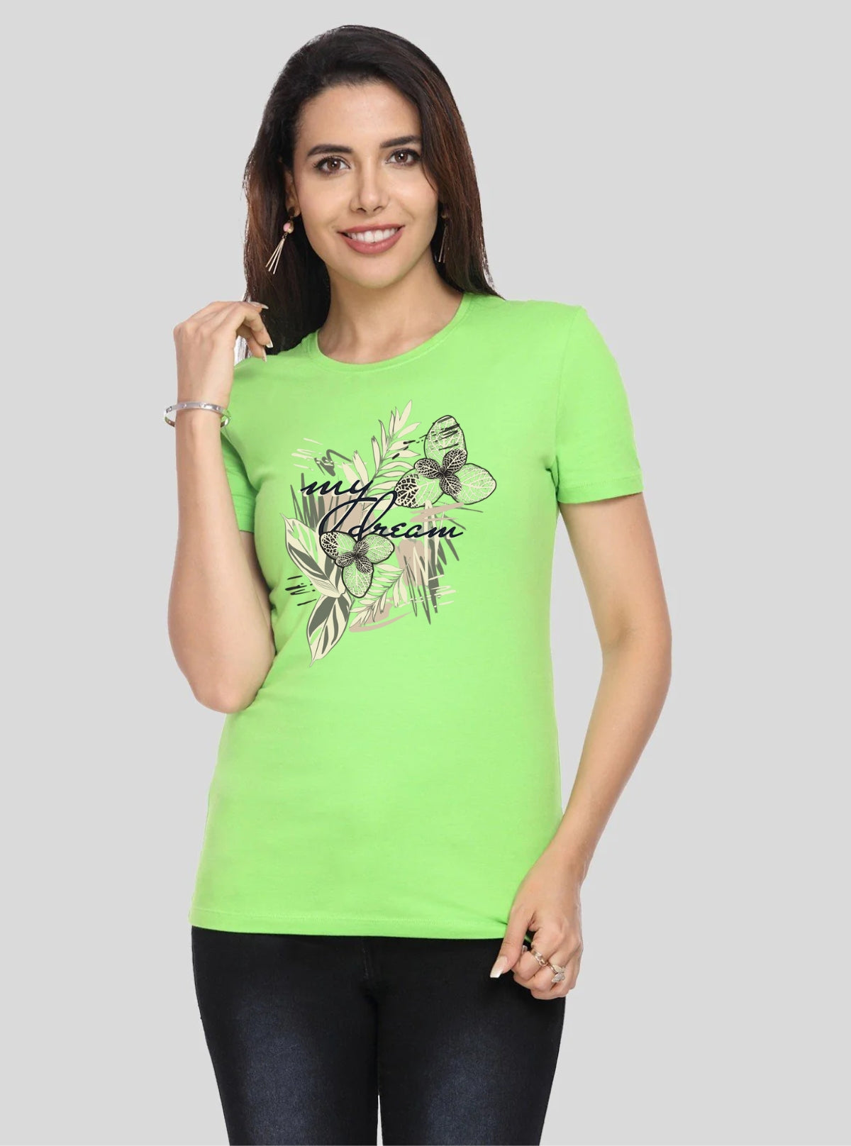 Women's Green Crew Neck Beauty Print Cotton Jersey Short Sleeve T-Shirt by Boer and Fitch