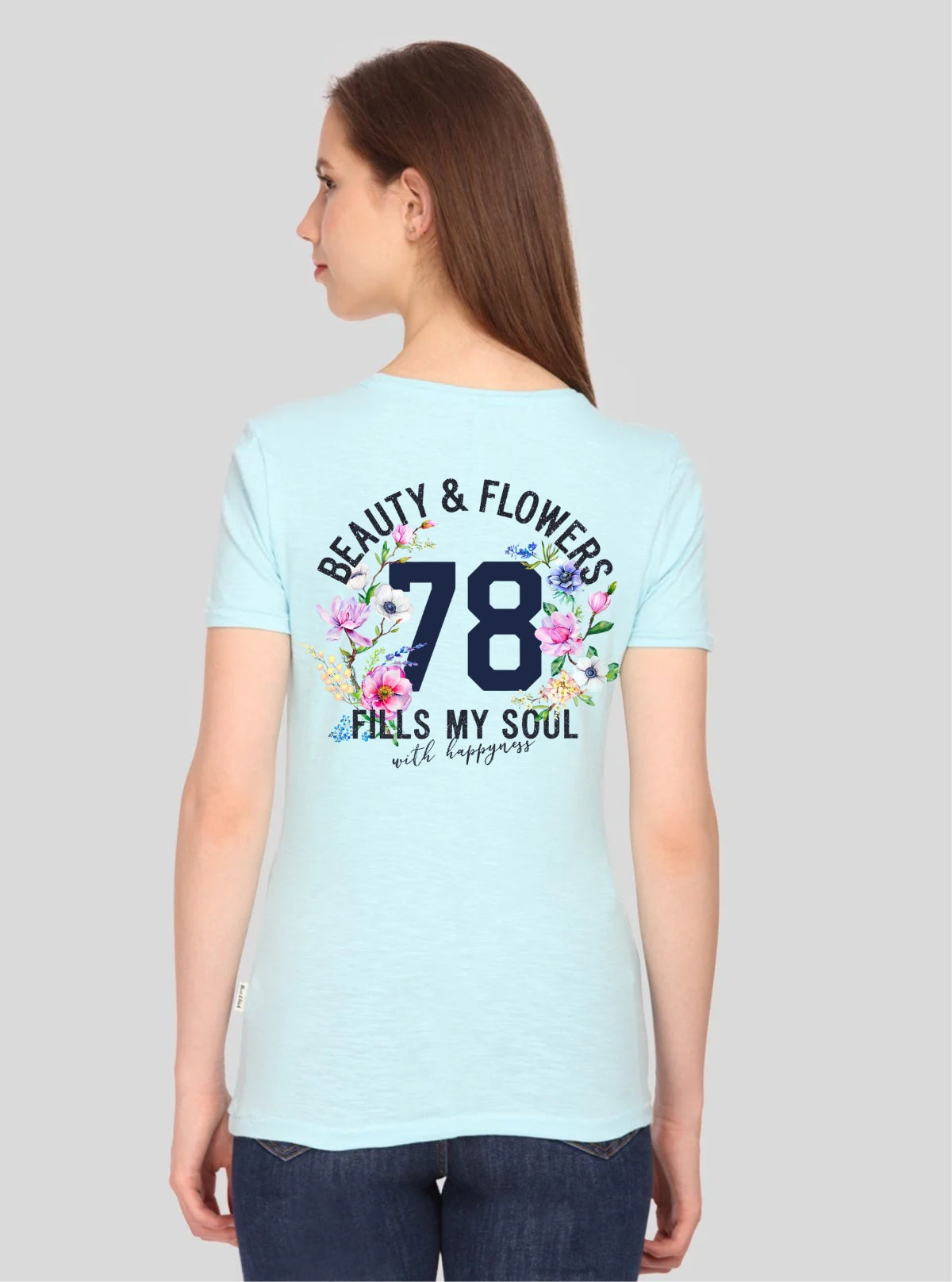 Boer and Fitch Women’s Sky Blue Floral Print T-Shirt – Crew Neck