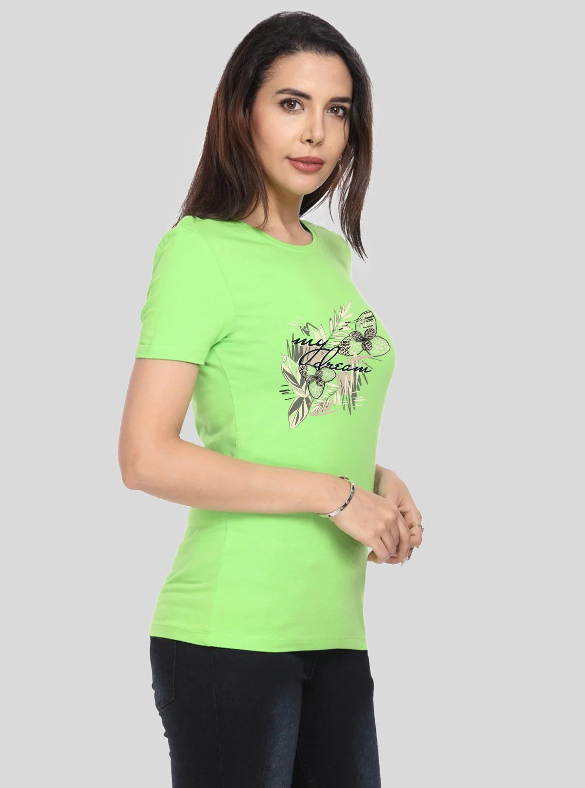 Women's Green Crew Neck Beauty Print Cotton Jersey Short Sleeve T-Shirt by Boer and Fitch