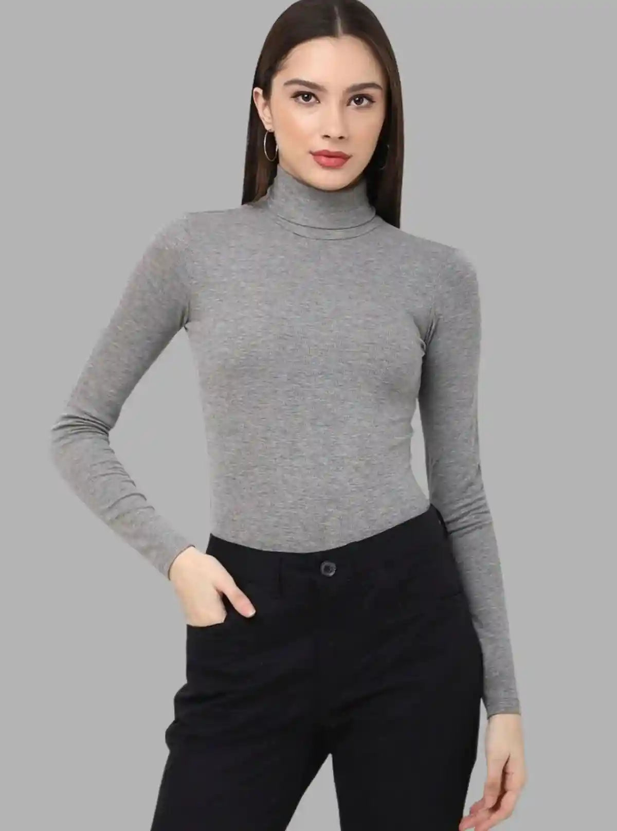 Women’s Dark Melange Ribbed Turtle Neck Pullover with Long Sleeves