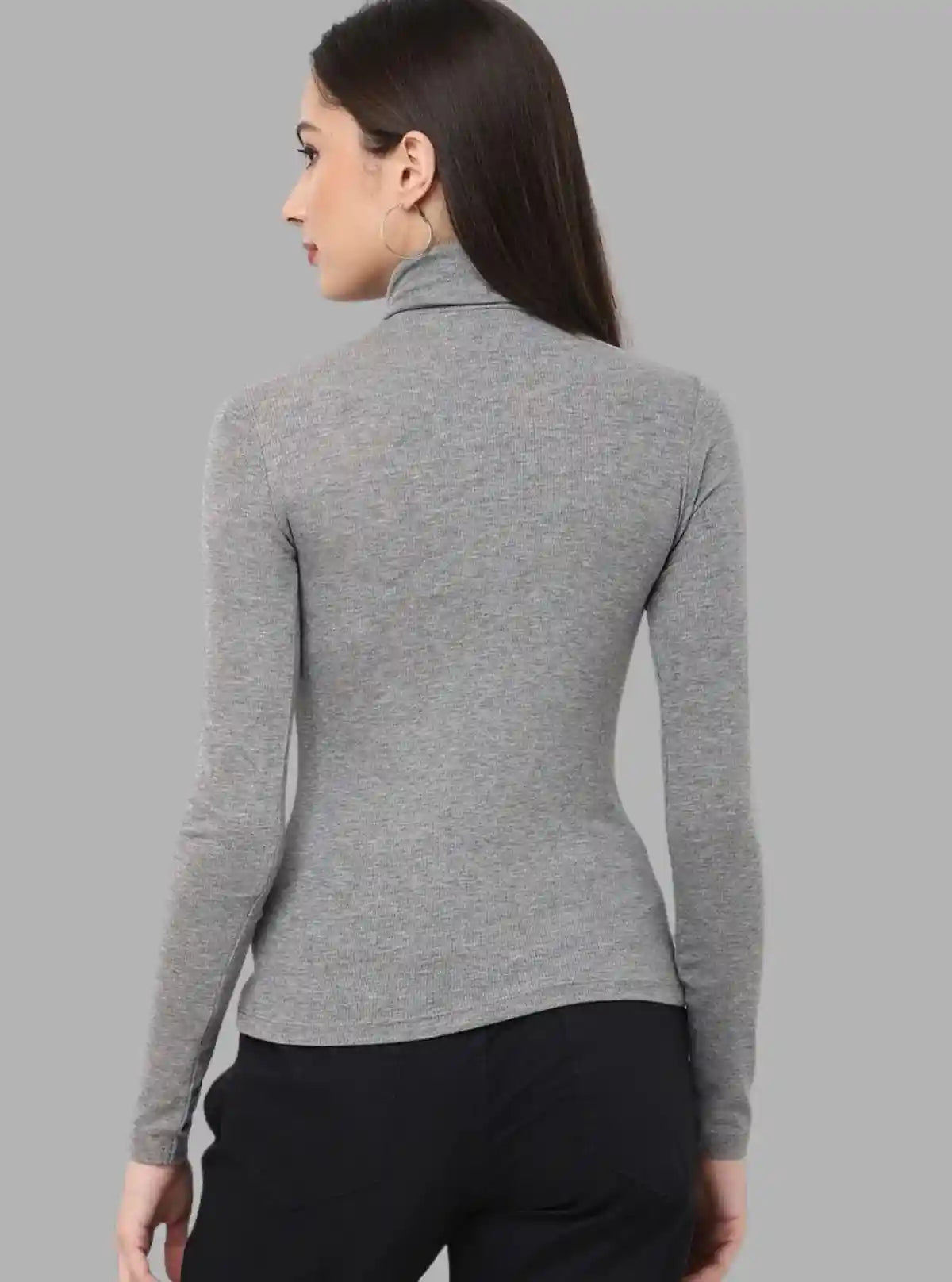 Women’s Dark Melange Ribbed Turtle Neck Pullover with Long Sleeves